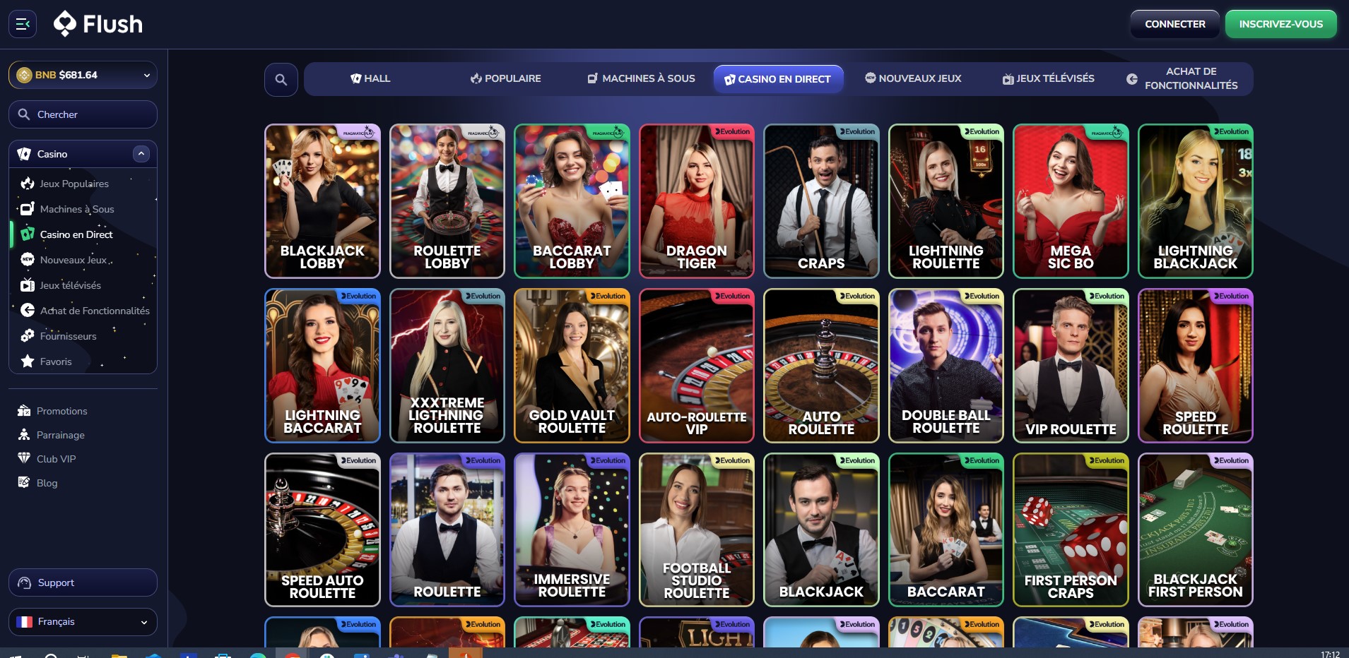 Table de roulette en direct avec une croupière sur l'interface de Flush Casino.
